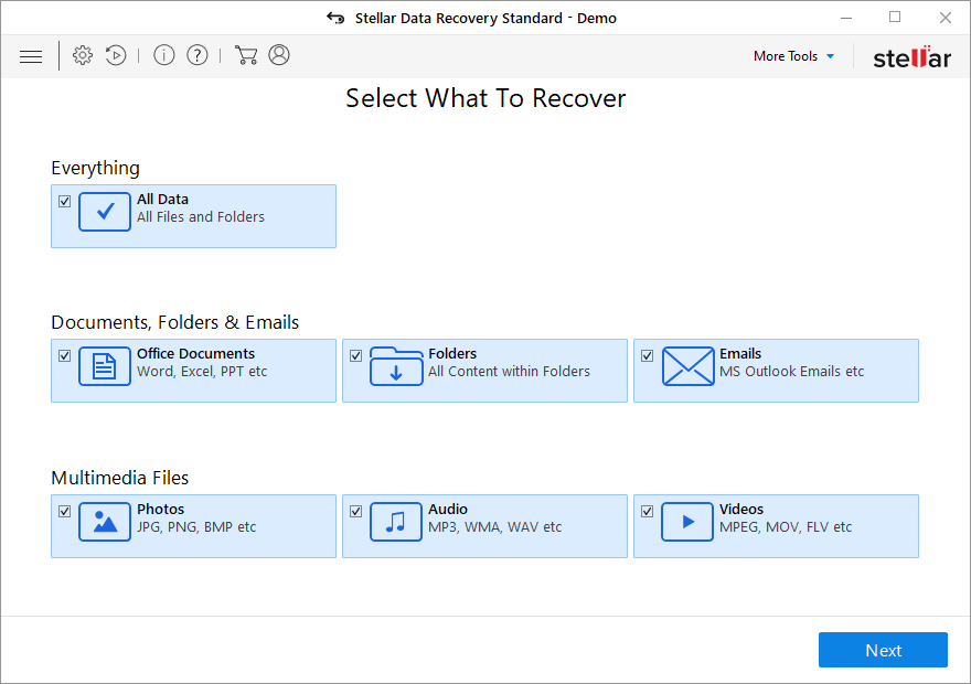 stellar data recovery file selection