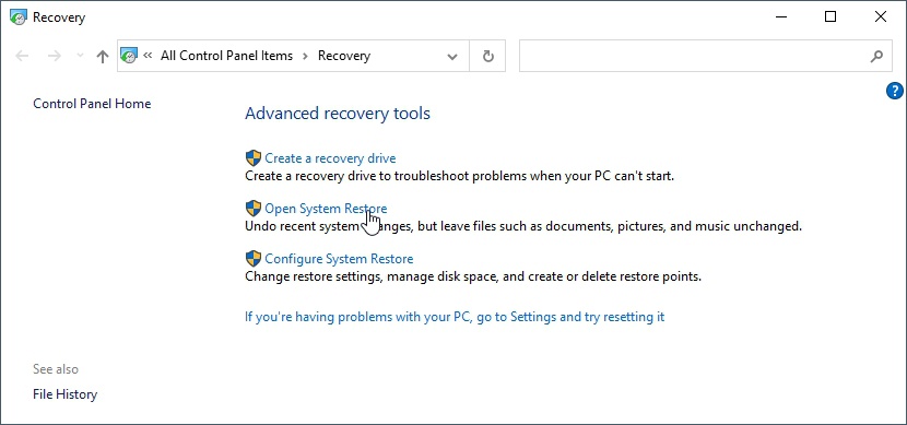 Choosing to Open System Restore in Windows 10.