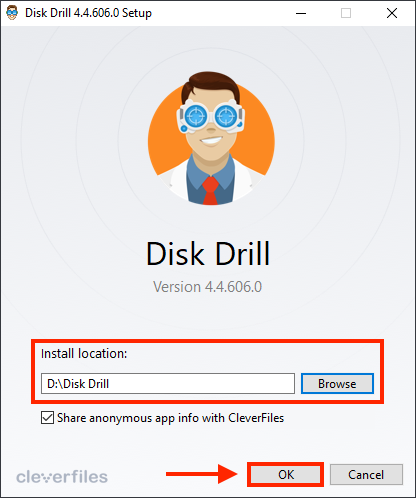 Disk Drill setup window with outlines highlighting the install location selection and the OK button