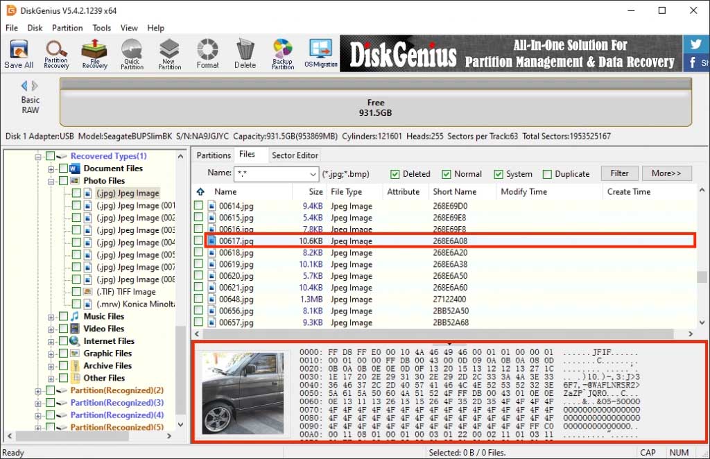 DiskGenius scan results window with outlines highlighting a clicked file and a preview of that file at the bottom of the window