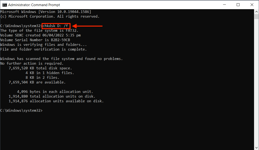 Checkdisk command in Command Prompt