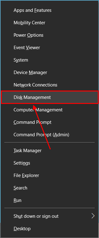 disk management in quick access menu