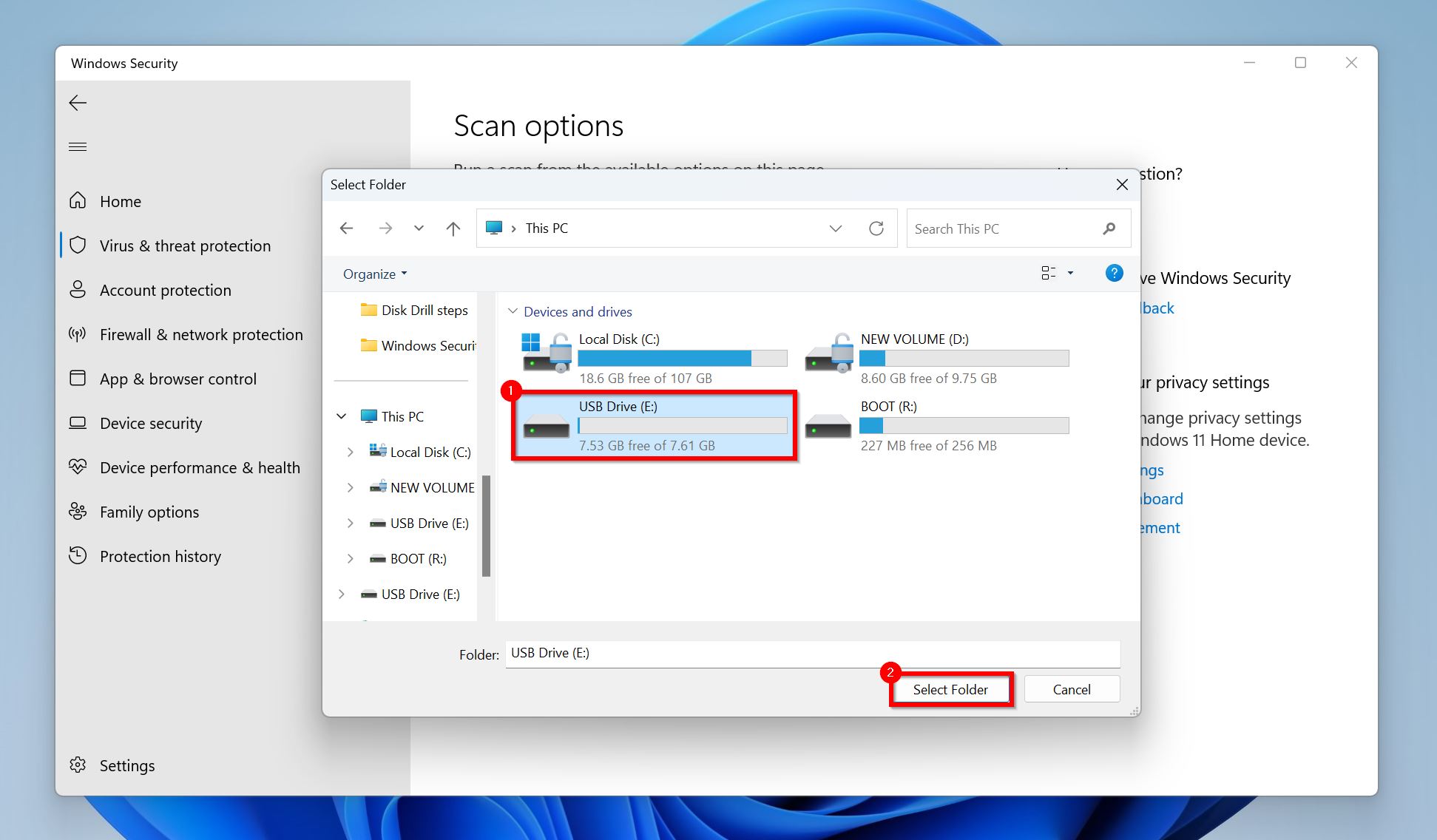 Windows Security Scan options window with a file explorer dialog open to select a specific folder for scanning.
