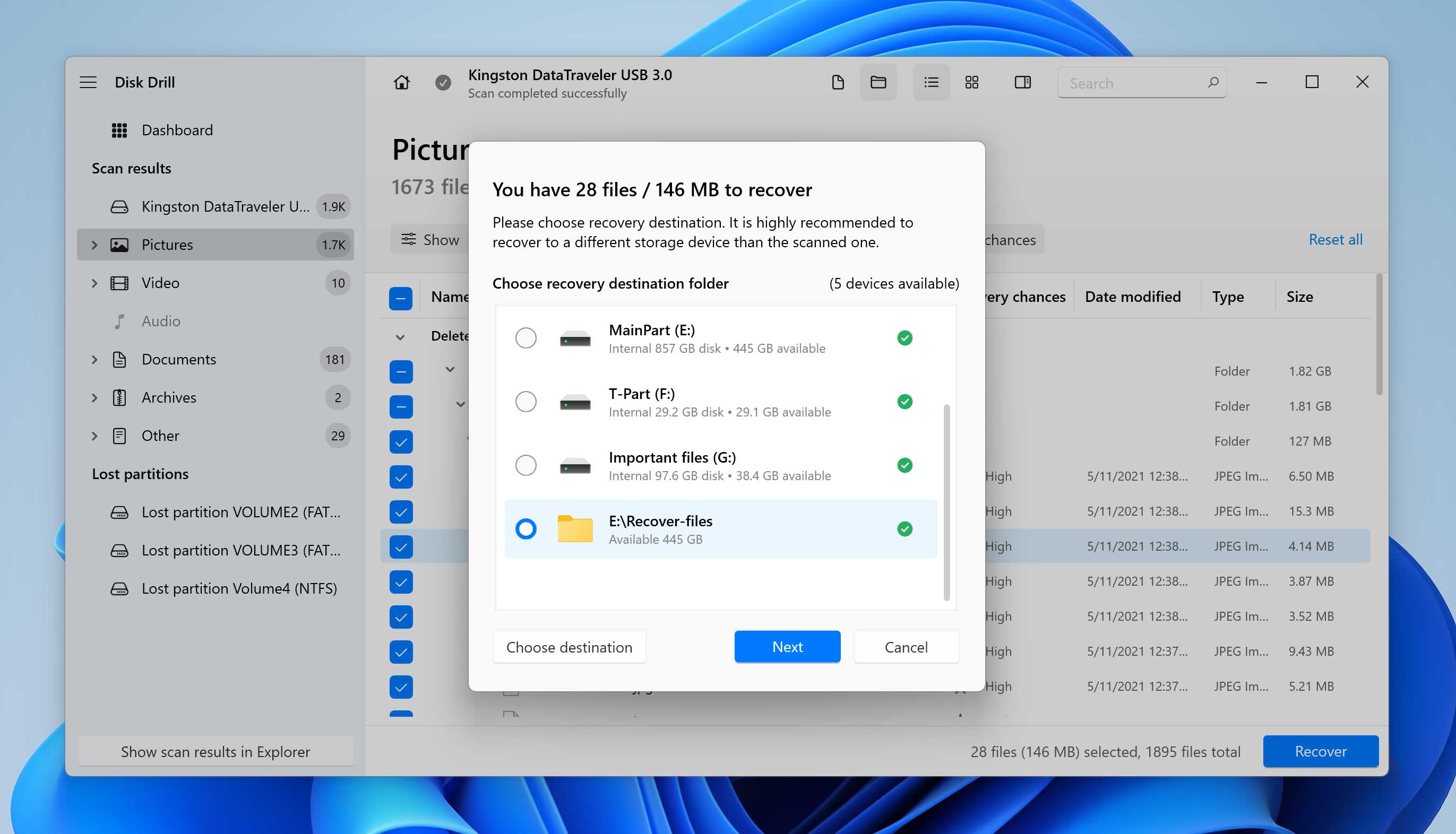 Image illustrating the final steps of recovering lost files from a flash drive using Disk Drill software