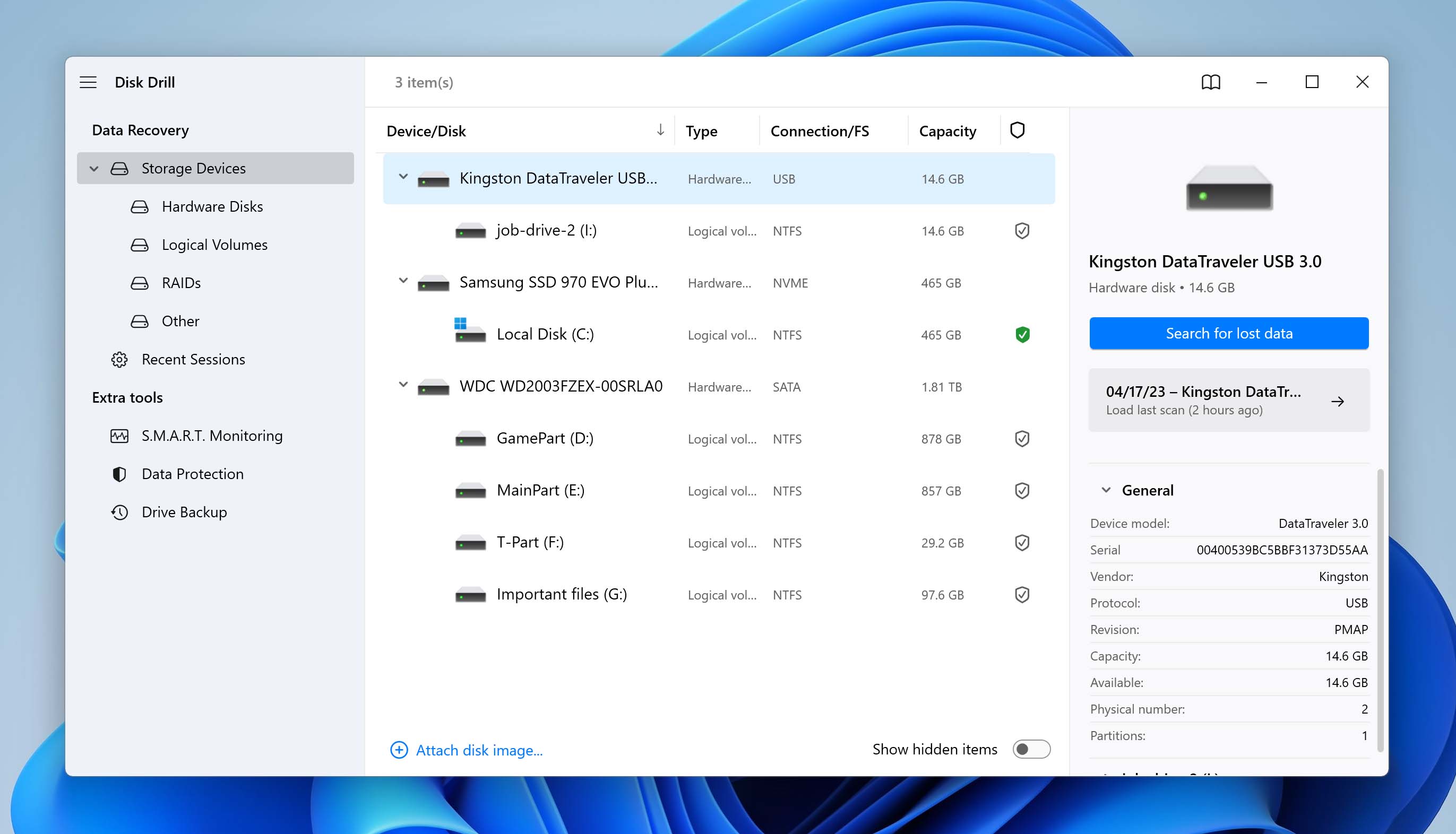 Image illustrating the selection of a specific USB drive for scanning potentially deleted data