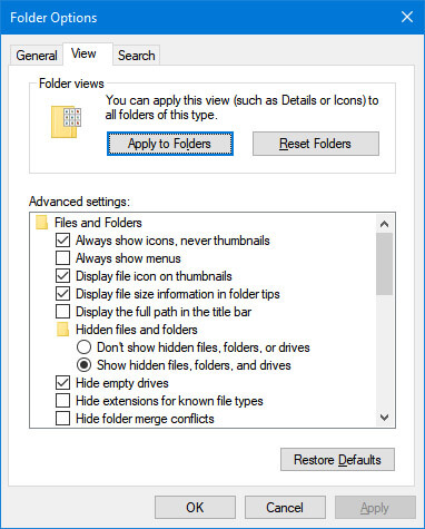 Enable the display of hidden files windows