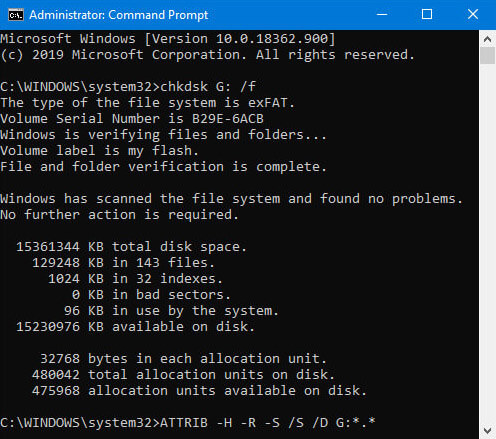 Use the Command prompt to restore hidden files