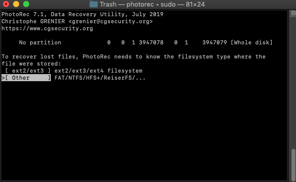 PhotoRec select file system