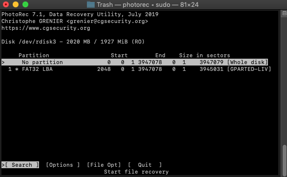 PhotoRec select partition