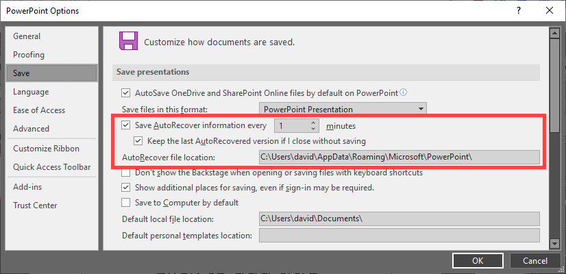 powerpoint autorecover feature