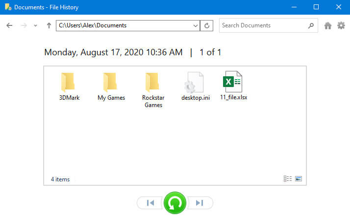 restore excel document with file history