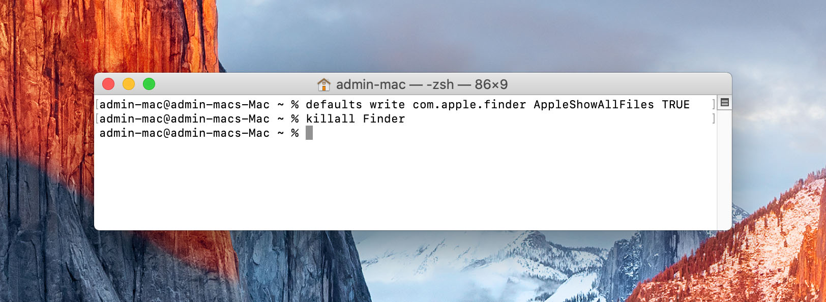 Show hidden files with terminal in macOS Capitan