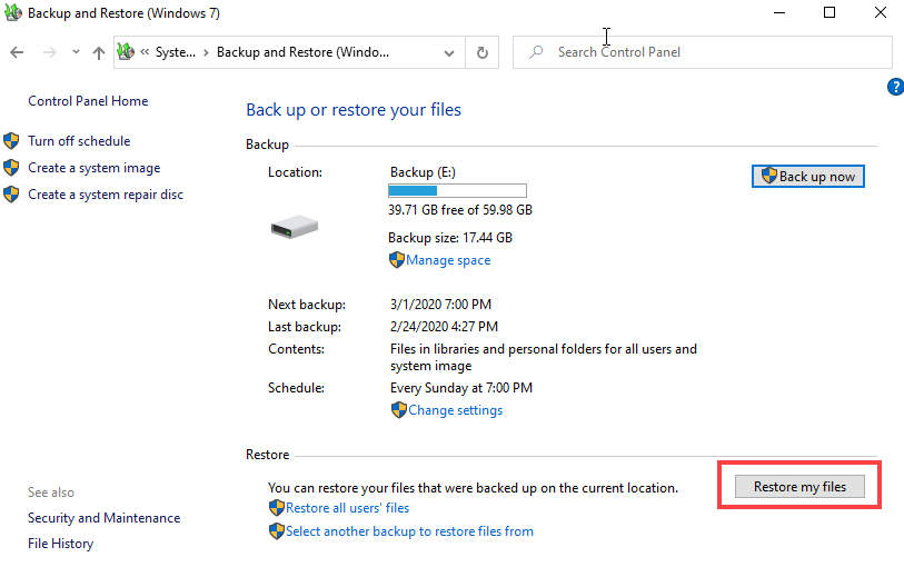 Restore my files backup and restore
