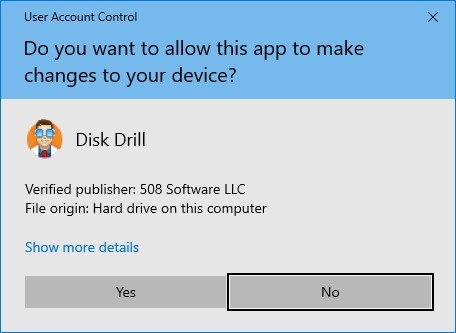 User Account Control dialog to allow Disk Drill to perform its task