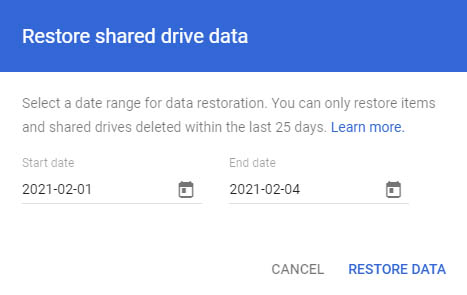 restore data from drive and docs in google admin