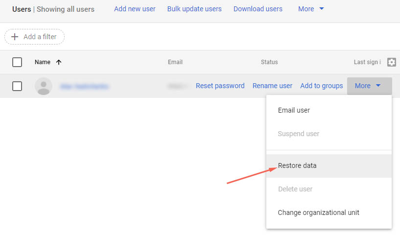 choose restore users data in google admin console