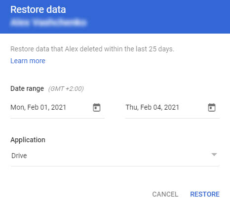 restore google drive data in google admin console