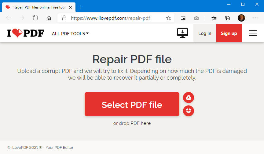 repair pdf file in ilovepdf.com