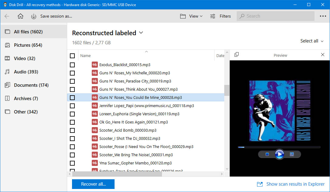preview recovered music via disk drill