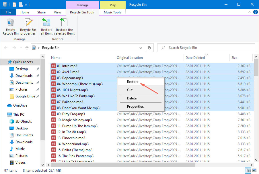 restore deleted music from recycle bin
