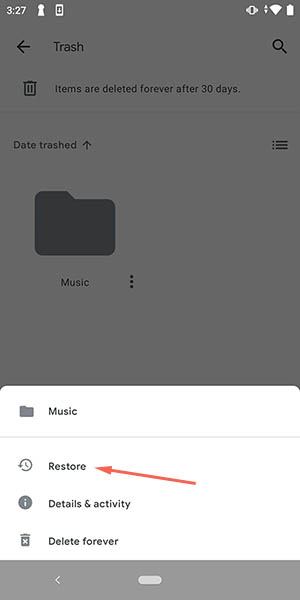 restore music from google drive in android