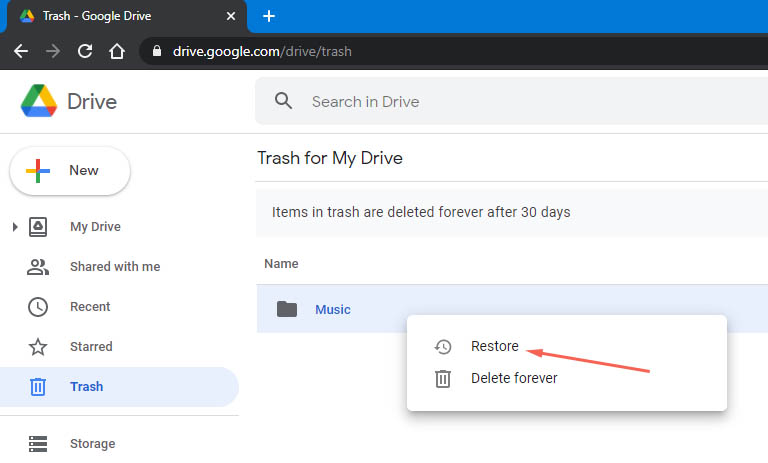 restore music from google drive in windows