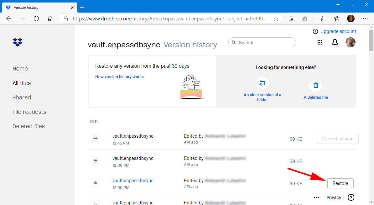 recover with version history option in dropbox
