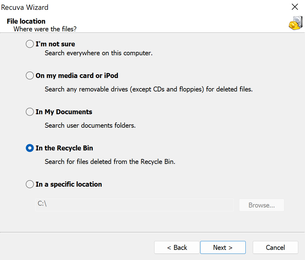 choose location for scan Recuva