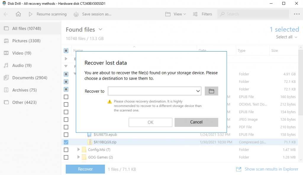 Disk Drill Recovery Prompt