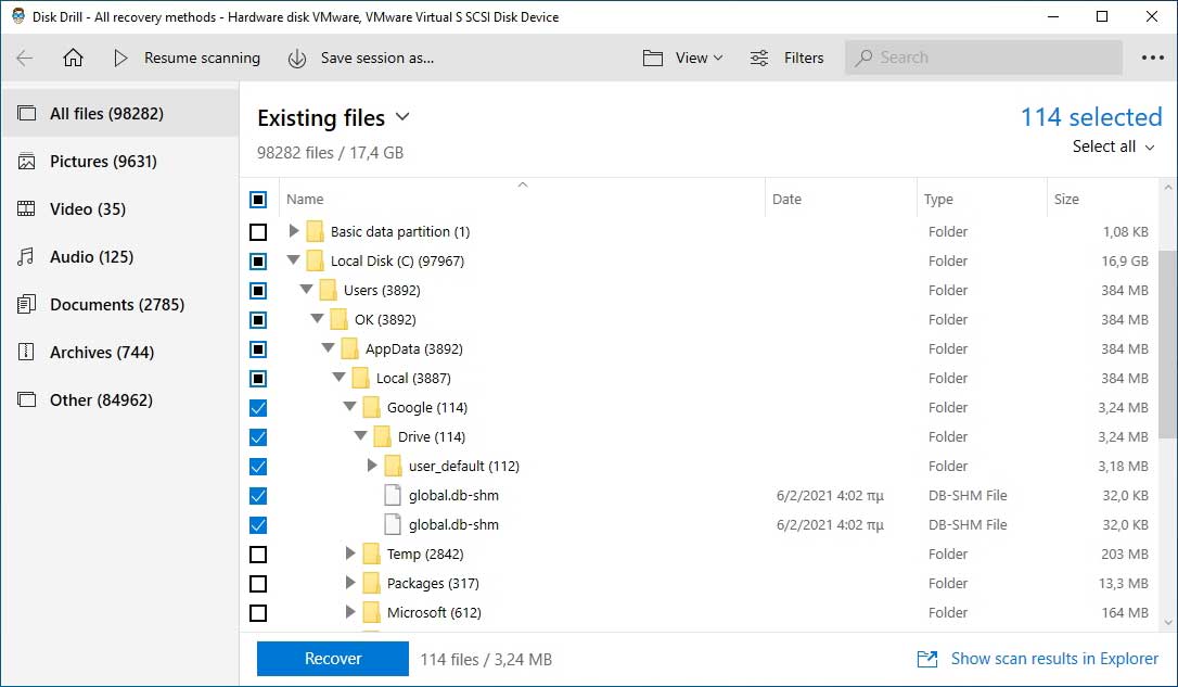 Stop Disk Drill's scanning process and a blue Recover button will activate.