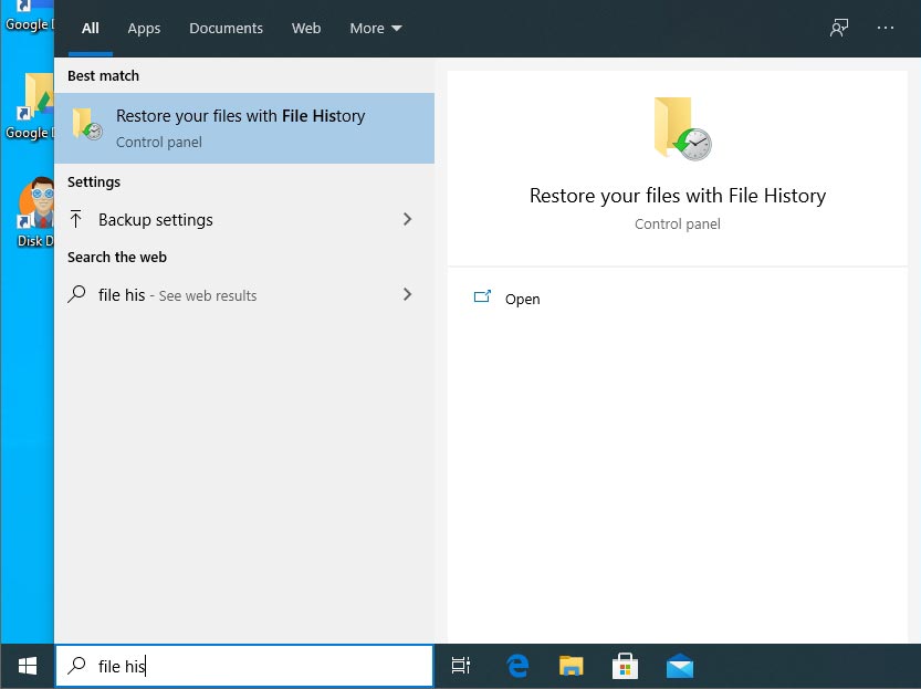 Press Windows Key or use Windows' search function to locate File History's options.