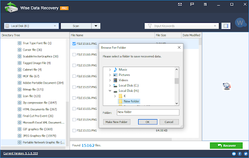 select destination for saving recovered files