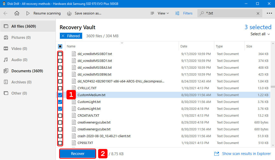 restore txt files with disk drill