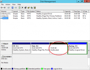 Disk management screenshot showing partition sizes