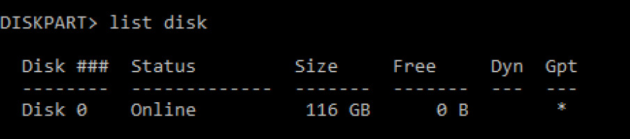 Diskpart screenshot