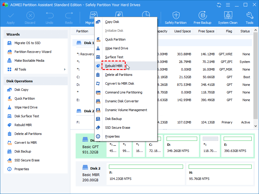 click on Rebuild MBR in AOMEI Partition Assistant Standard