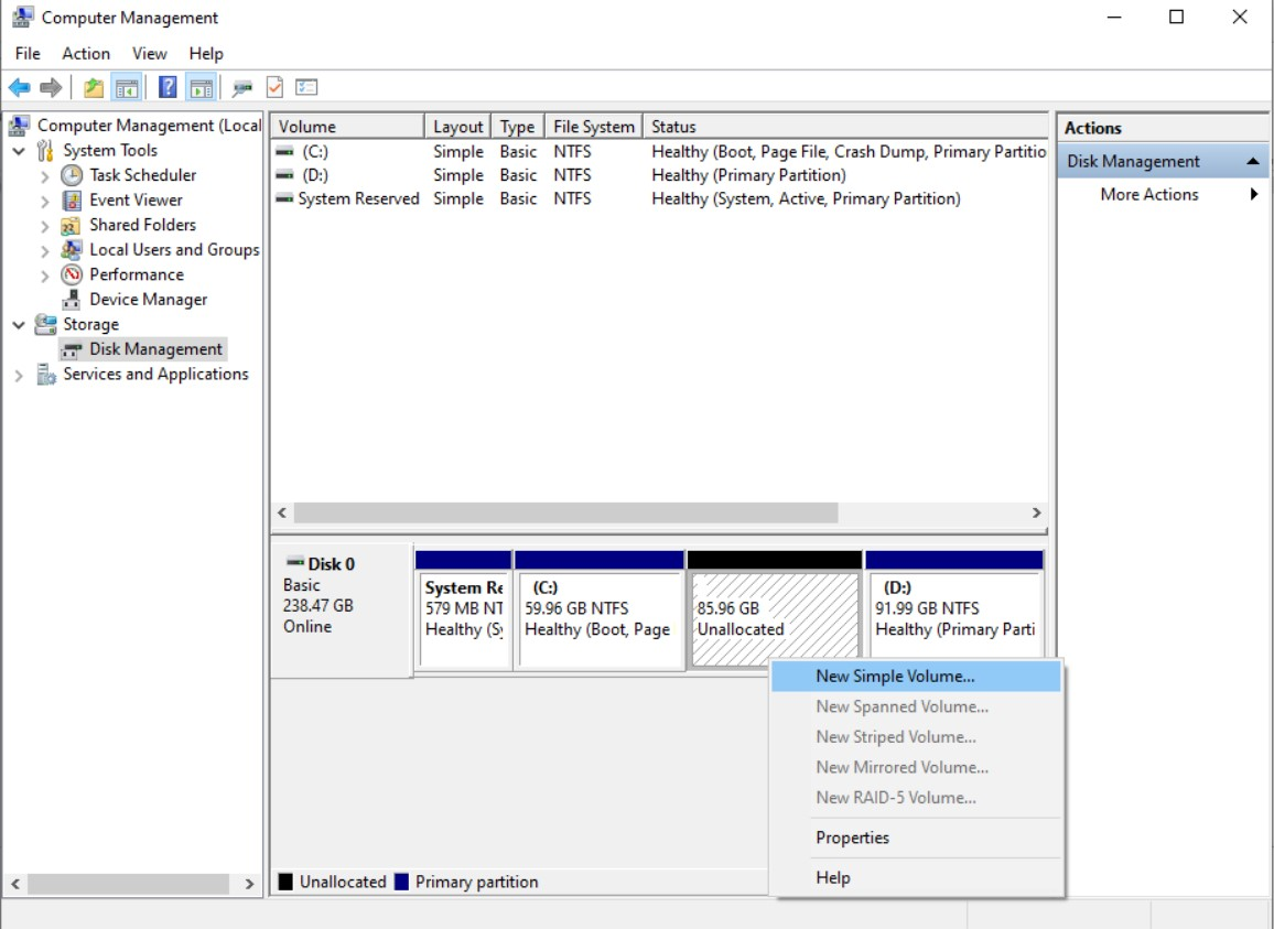 Selecting Volume from Computer Management