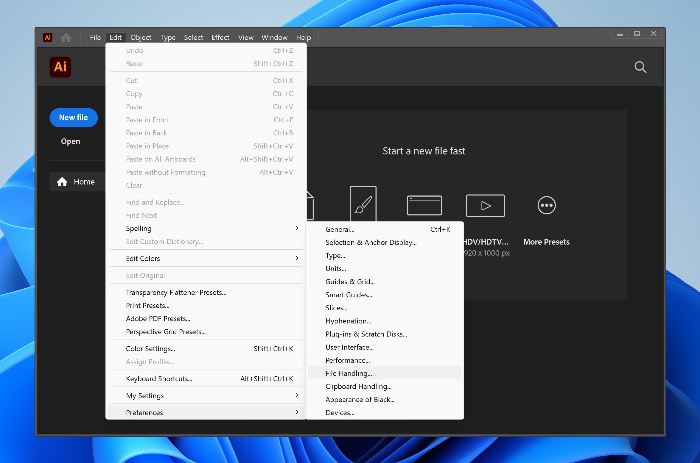 go to file handling in illustrator preferences