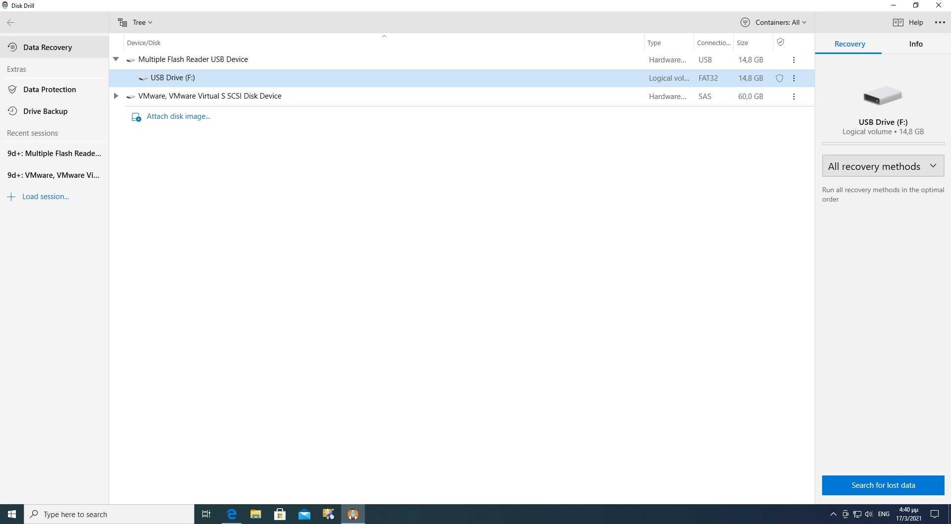 Disk Drill's main window with Card Reader entry in Device/Disk List
