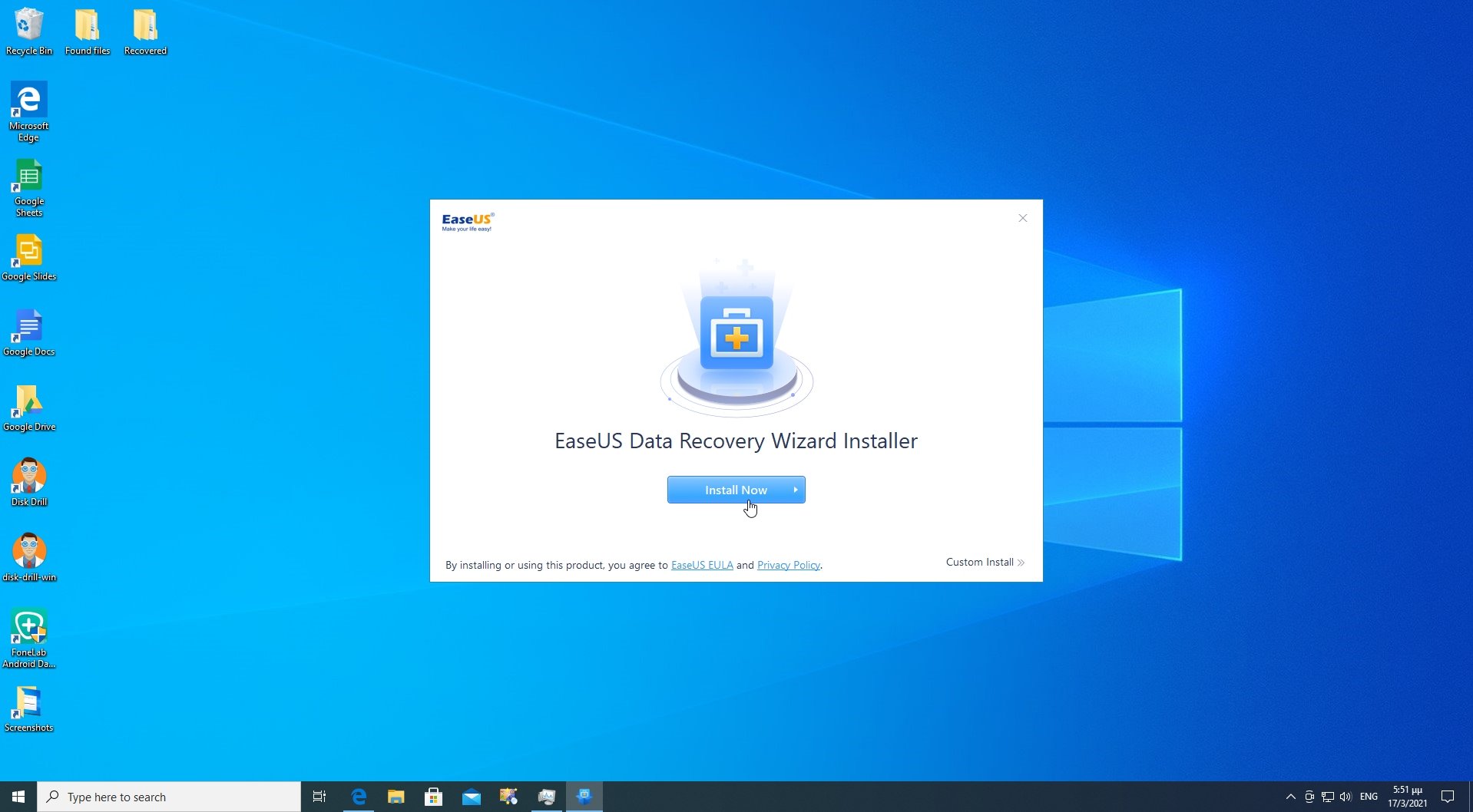 EaseUS Data Recovery Wizard's installation is a straightforward series of steps.