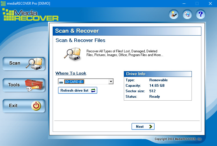 MediaRECOVER user interface.