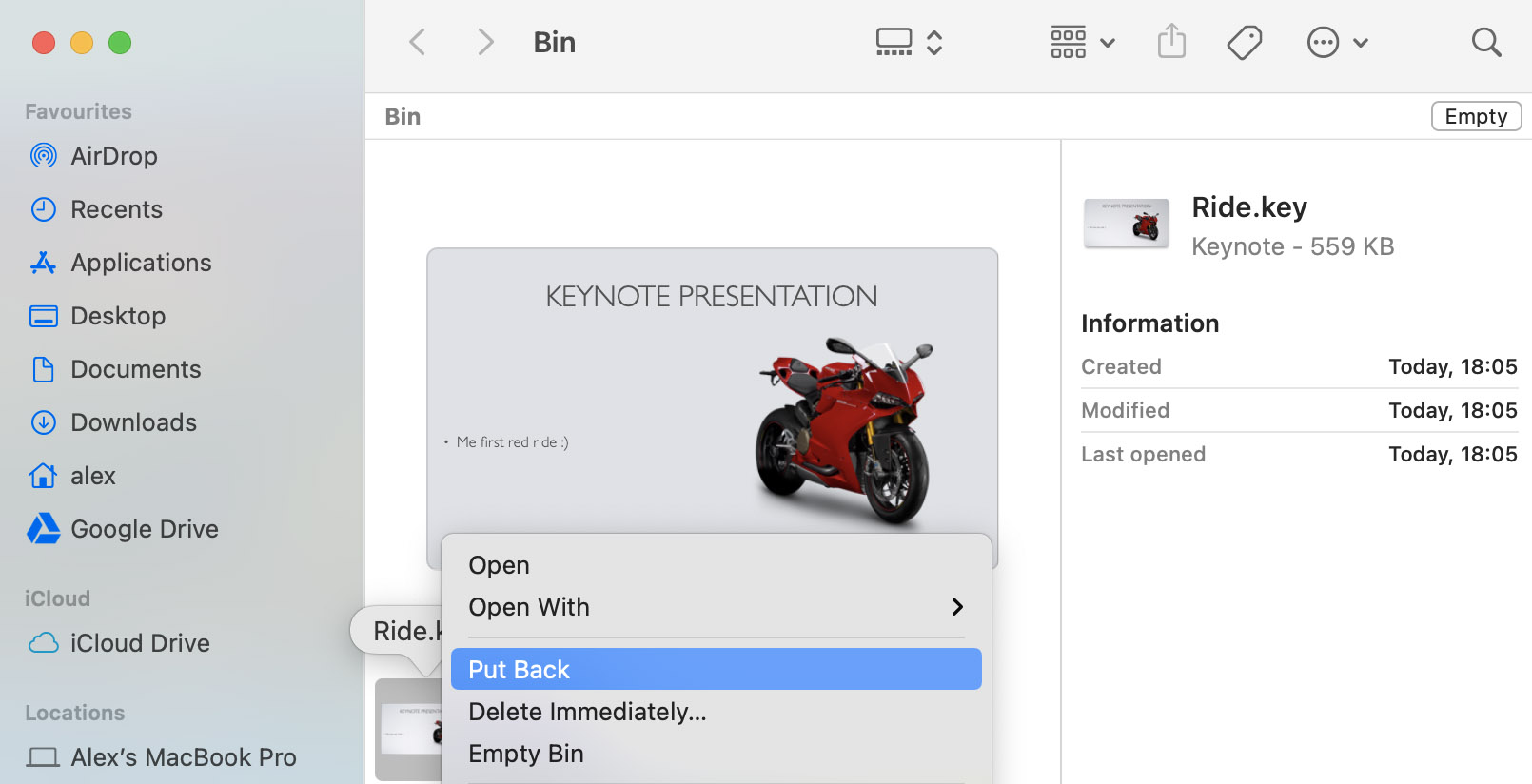 put back keynote presentation from trash bin mac