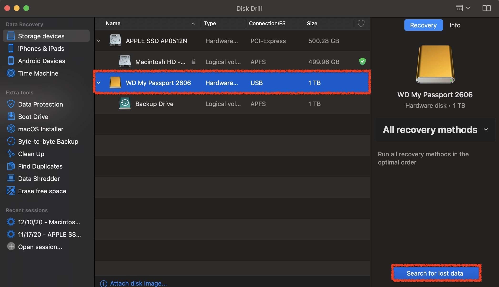 selecting external hard drive in disk drill