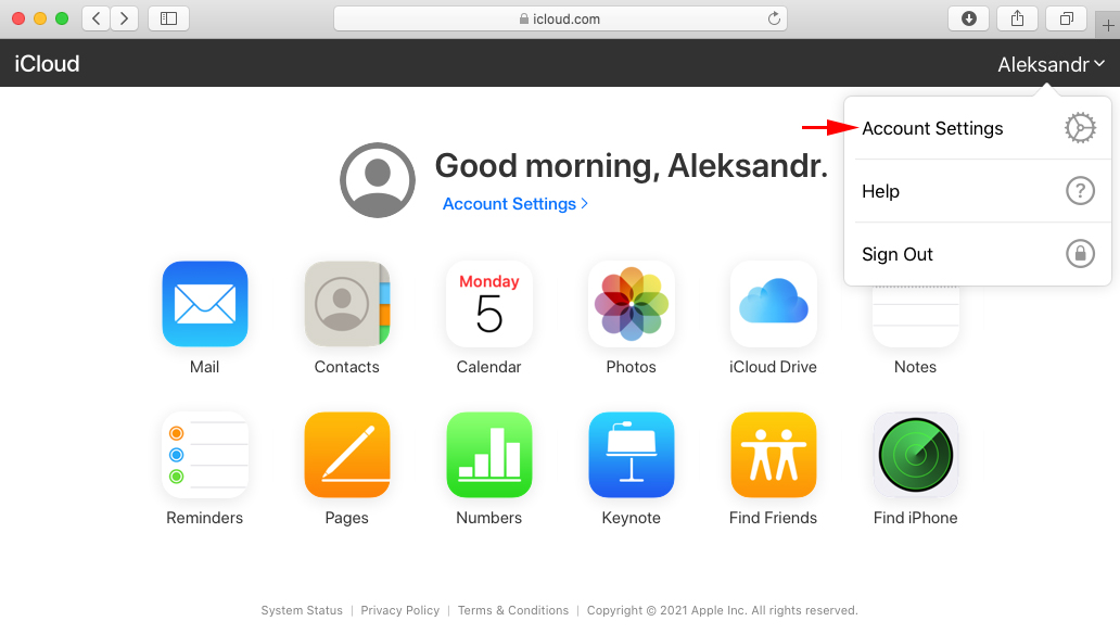 go to account settings icloud