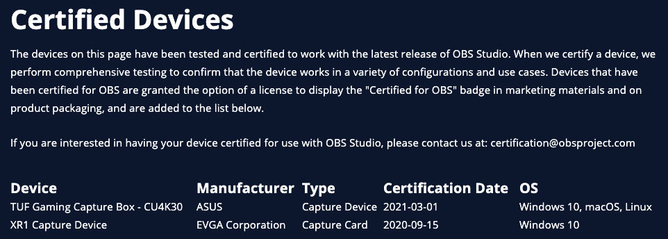 OBS Certified Devices