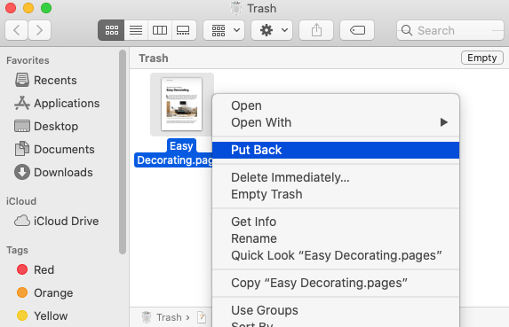 put back pages document from trash mac