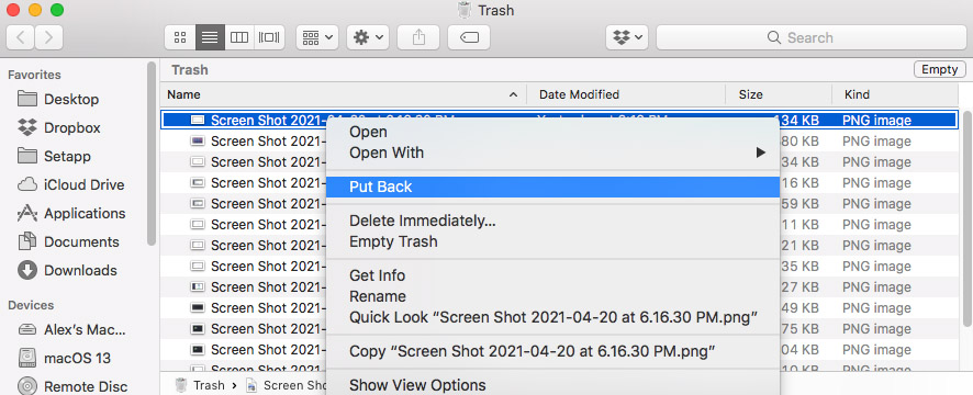 recover screenshots from trash bin mac