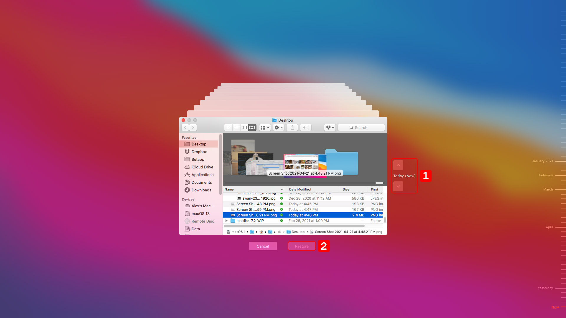 restore screenshots with time machine