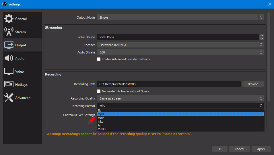 select recording format in obs