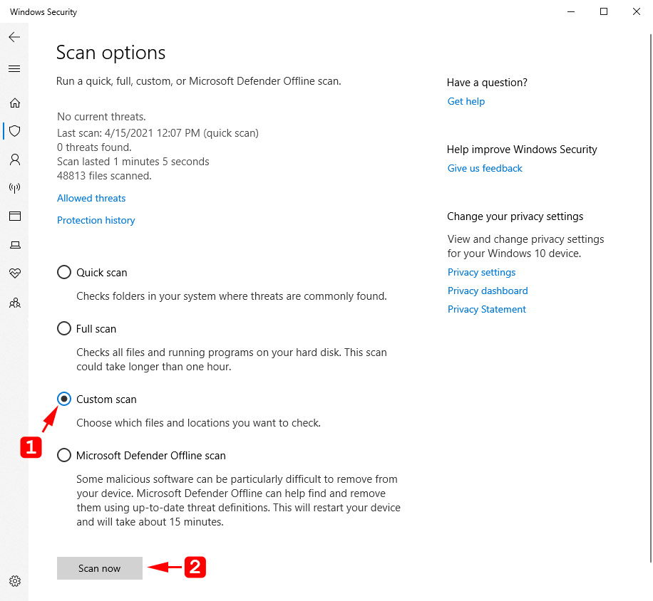 select type of scan and start it